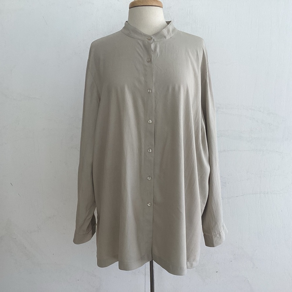 Plus Size NEXX Silk Button Up Bishops Collar LongSleeve Camel Blouse 3X
